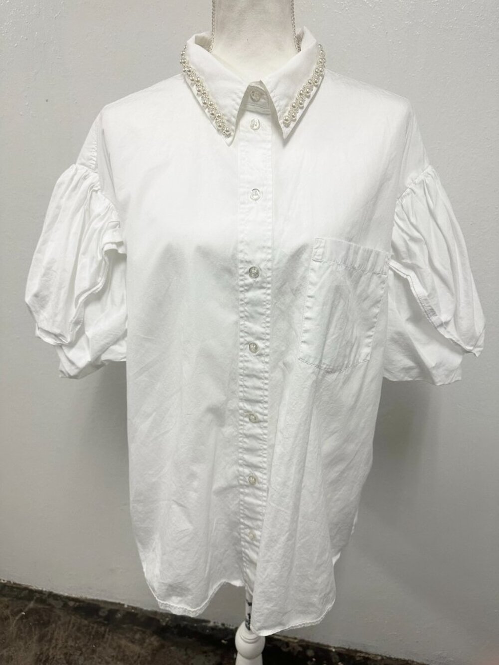 Simone Rocha x HM White Cotton Pearl Balloon Sleeve Button Down Size M